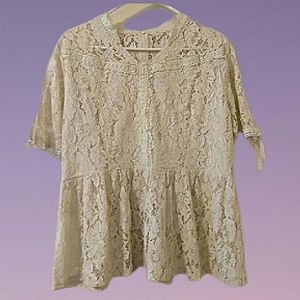 Cream Lace Peplum Cold Shoulder Blouse, Size: Medium.